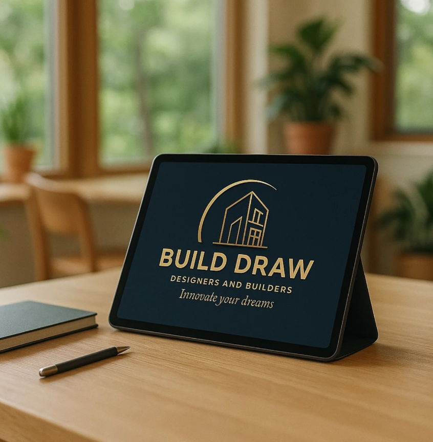 Tablet displaying the firm's logo